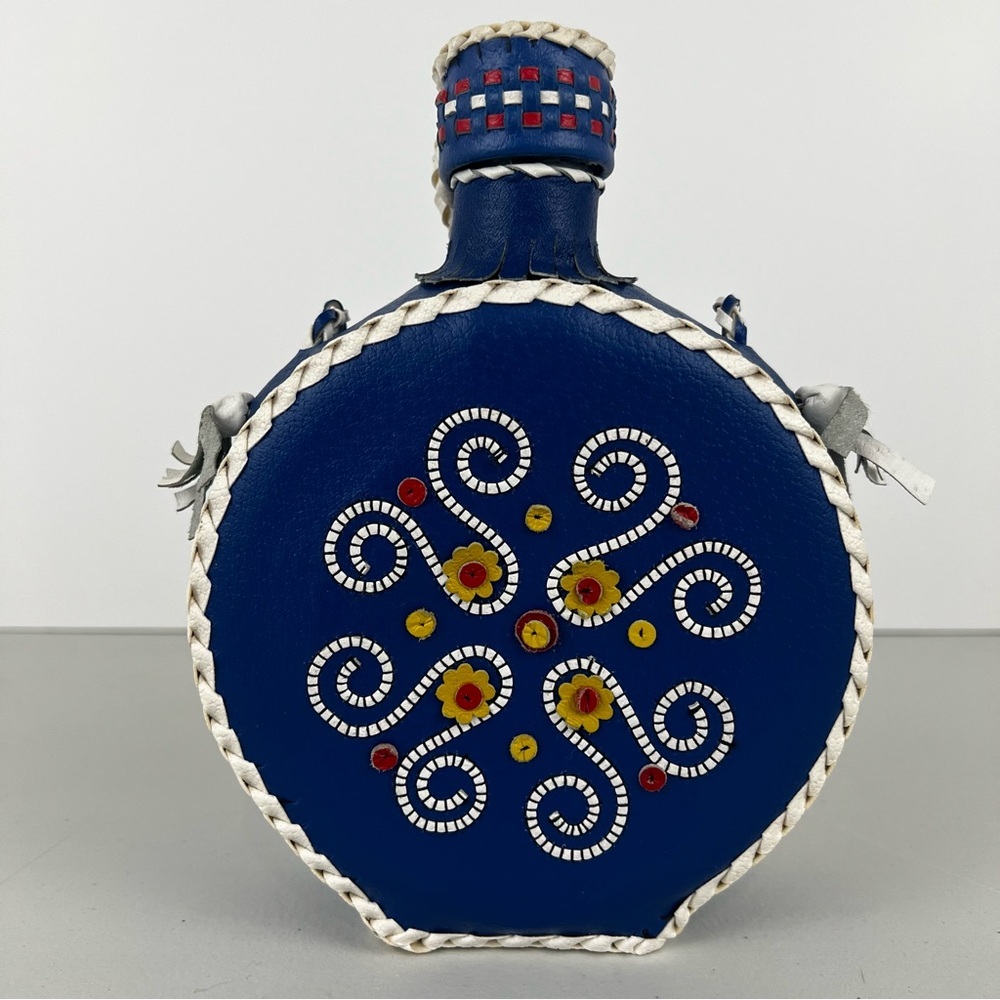 Vintage Folk Art Blue Floral Leather Covered Glass Bottle Canteen Decanter Flask